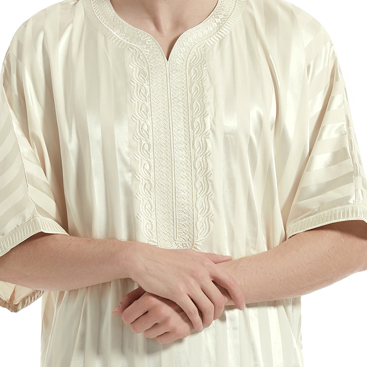 2024 High Quality Embroidery Islamic Muslim Arab Thawb Caftan Short Sleeve Muslim Dress For Men Moroccan Thobe With Pocket