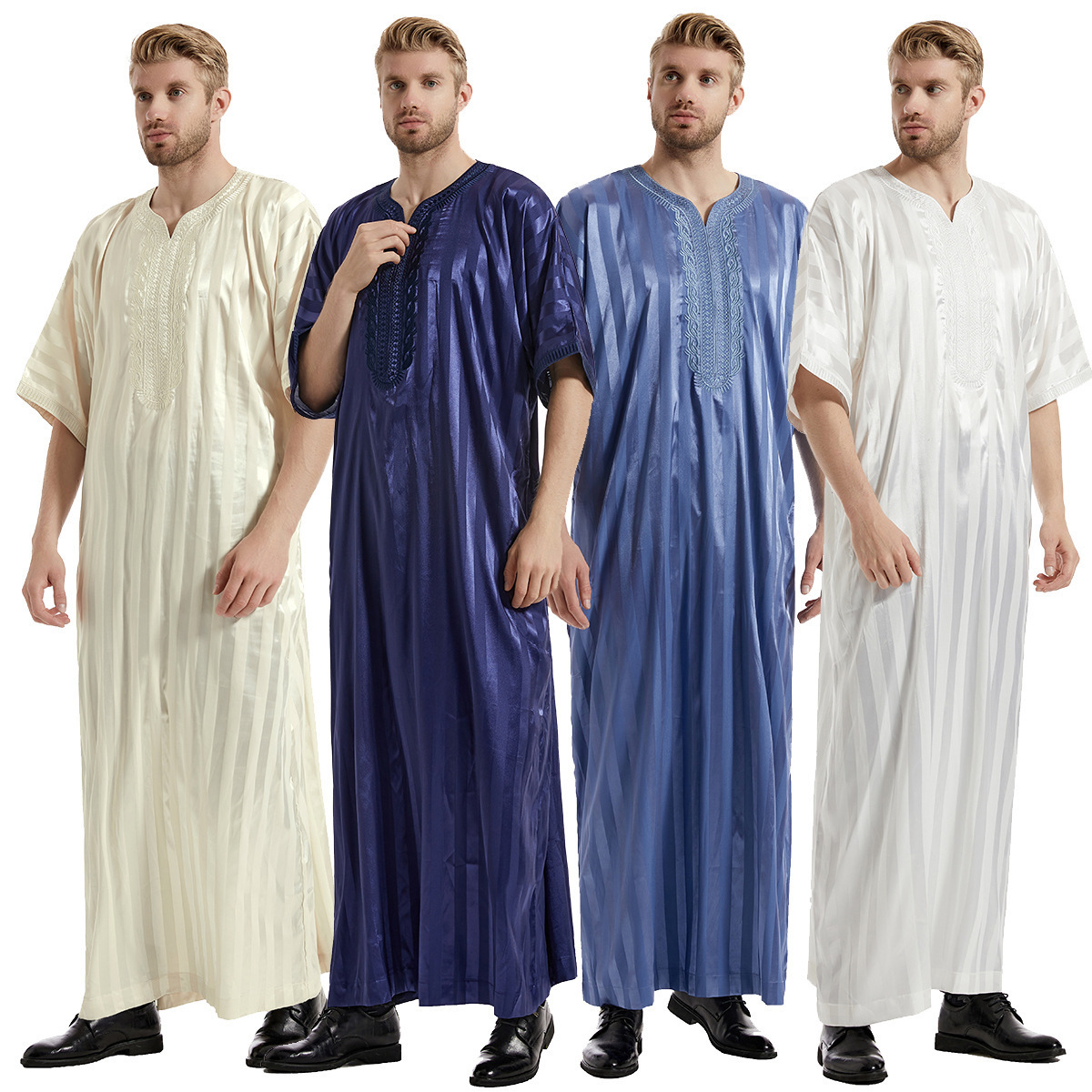 2024 High Quality Embroidery Islamic Muslim Arab Thawb Caftan Short Sleeve Muslim Dress For Men Moroccan Thobe With Pocket