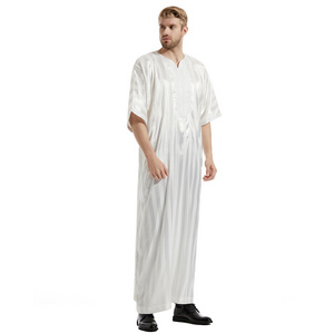 2024 High Quality Embroidery Islamic Muslim Arab Thawb Caftan Short Sleeve Muslim Dress For Men Moroccan Thobe With Pocket