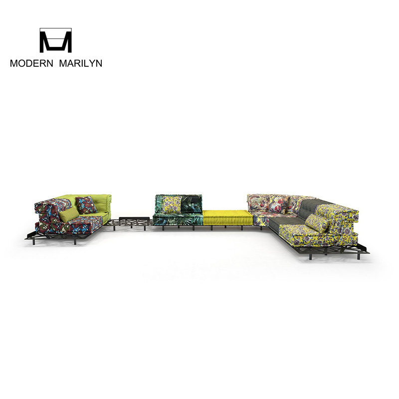 Fashionable Metal Steel Backyard Furniture Divano Mah Jong Sofa Garden Sofa Set Patio Furniture Colorful Fabric U-shaped Couch