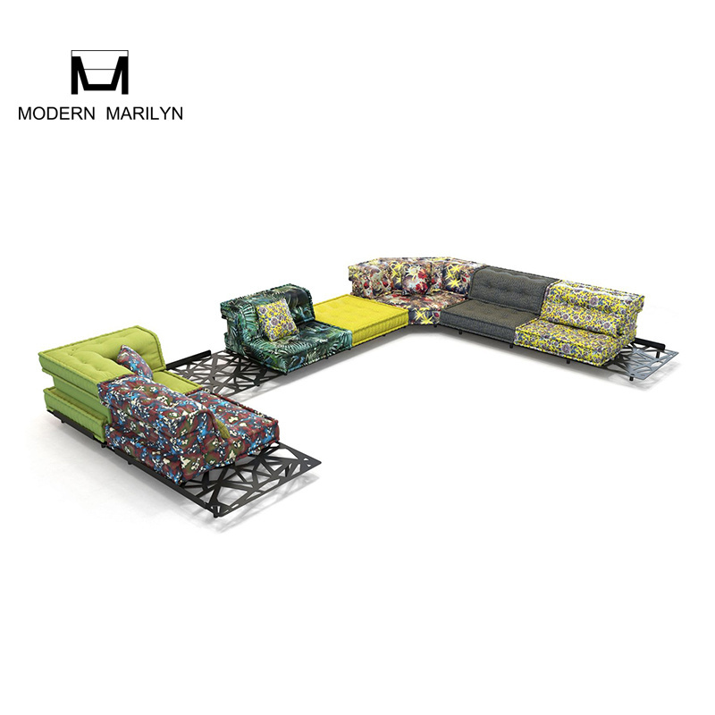 Adjustable Outdoor Metal Steel Backyard Furniture Divano Mah Jong Sofa Garden Sofa Set Patio Colorful Fabric U-shaped Couch