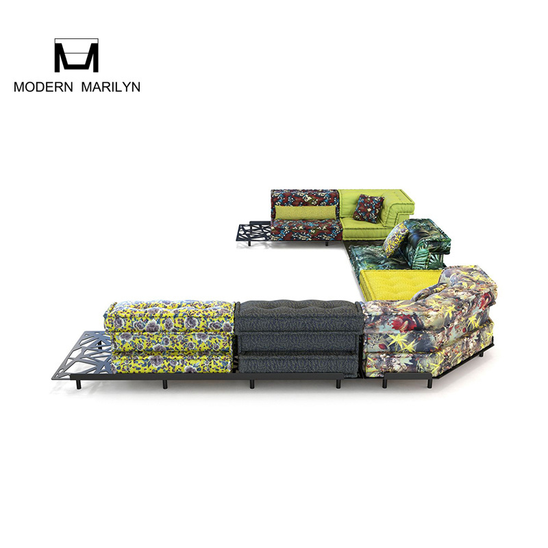 Adjustable Outdoor Metal Steel Backyard Furniture Divano Mah Jong Sofa Garden Sofa Set Patio Colorful Fabric U-shaped Couch