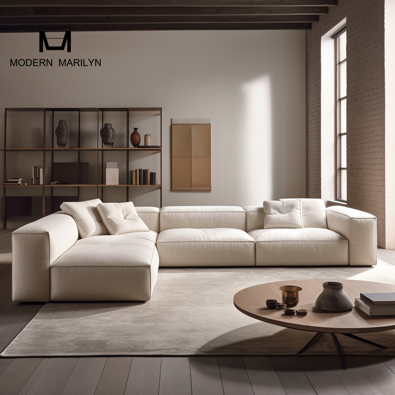 Modern 3-Seat European Corner Sofa Beige Sanded Suede Fabric Cuboid Design Reclining Modular Sofa for Living Room and Hotel