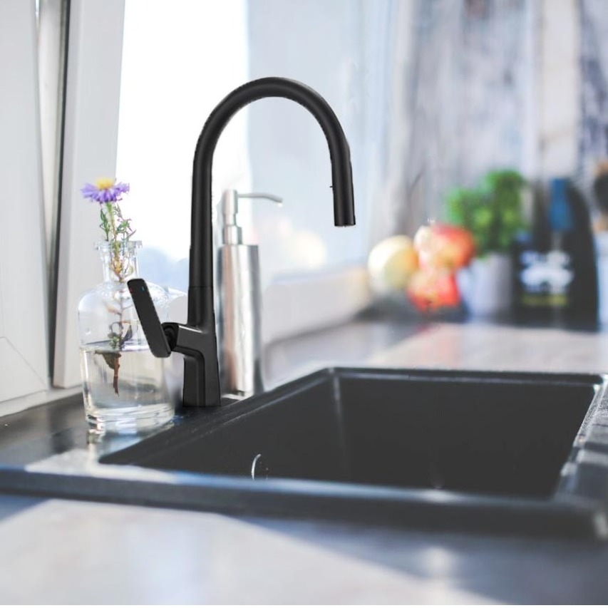 Minwei Faucet Sprayer Faucet Brass Single Handel Pull Out Sink with Pull Down 360 Degrees Kitchen Black Modern Contemporary