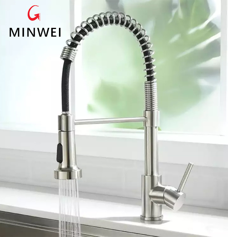 Minwei Gooseneck High-Quality Sanitary Ware Kitchen Faucet: Single Lever Handle, High Pressure, Pull-Out Sprayer