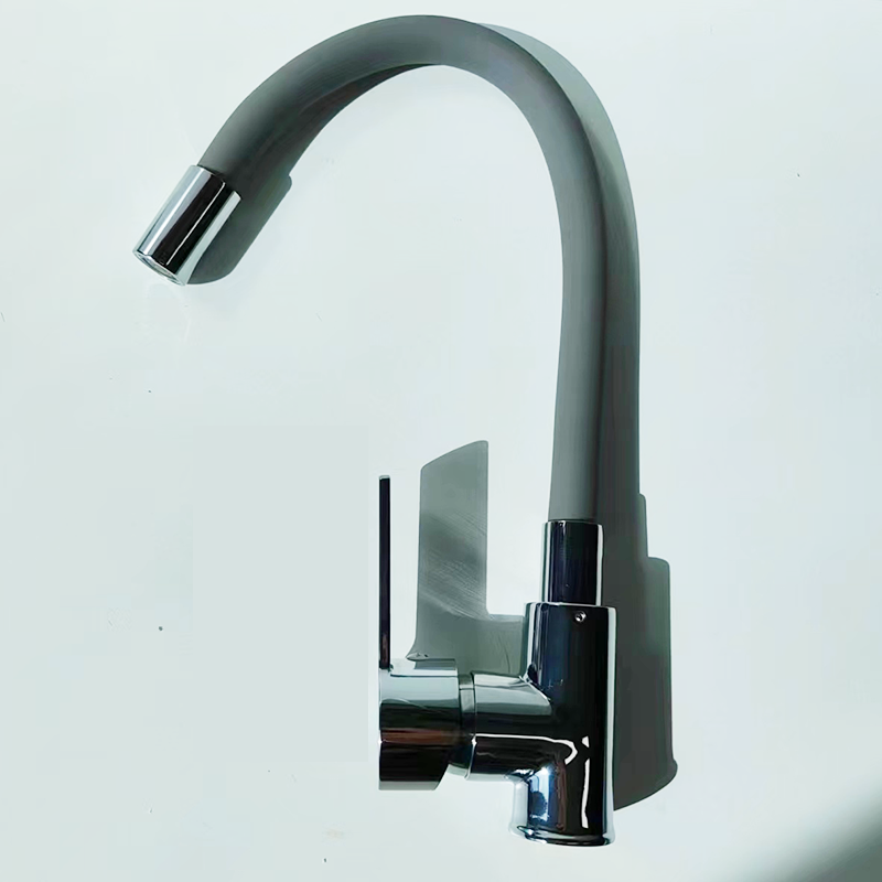 Pullout gray Kitchen Faucet Solid  Single Handle One Hole Kitchen Sink Faucet with Swivel Modern Rubber Neck  Polished Chrome