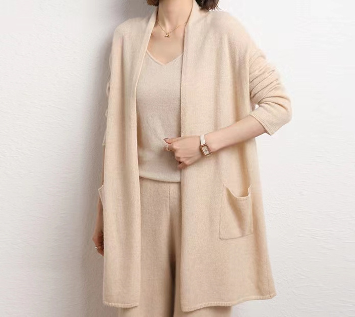 2023 Autumn/Winter New Women's Sweater Coat with Cashmere Loose Medium Length Solid Knitted Cardigan with Pocket