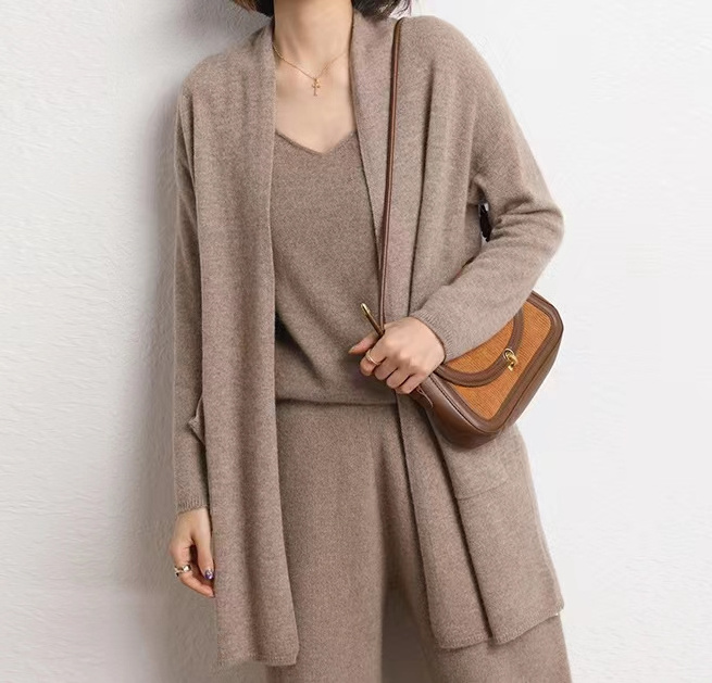 2023 Autumn/Winter New Women's Sweater Coat with Cashmere Loose Medium Length Solid Knitted Cardigan with Pocket