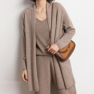 2023 Autumn/Winter New Women's Sweater Coat with Cashmere Loose Medium Length Solid Knitted Cardigan with Pocket