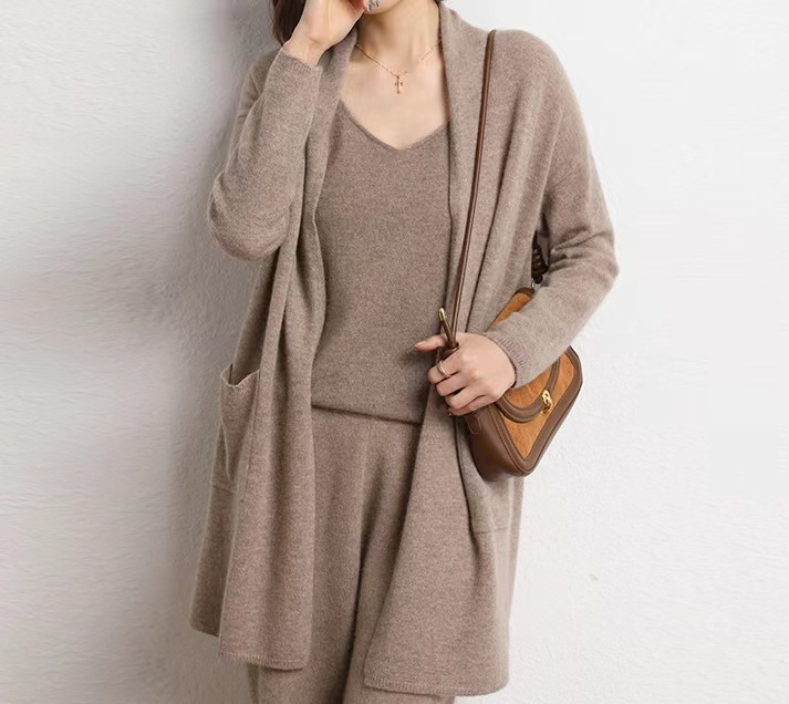 2023 Autumn/Winter New Women's Sweater Coat with Cashmere Loose Medium Length Solid Knitted Cardigan with Pocket