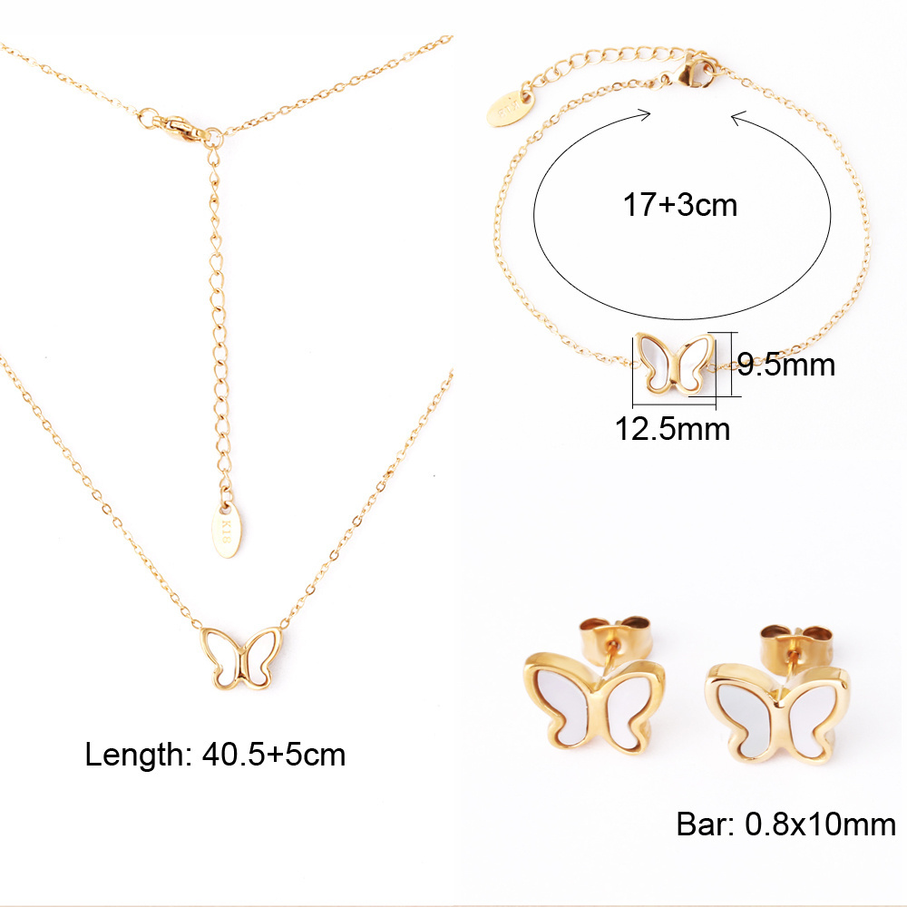 New Design Natural White Shell Butterfly Jewelry Set Stainless Steel Gold Plated Earrings Bracelet Necklace Set For Women