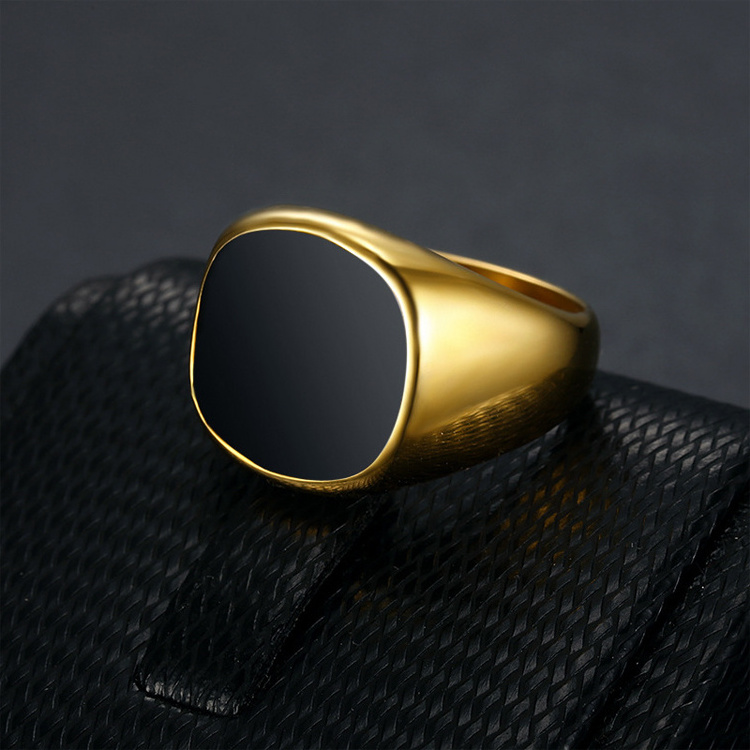 Anillo high quality fashion jewelry men black enamel finger ring custom gold plated stainless steel signet ring