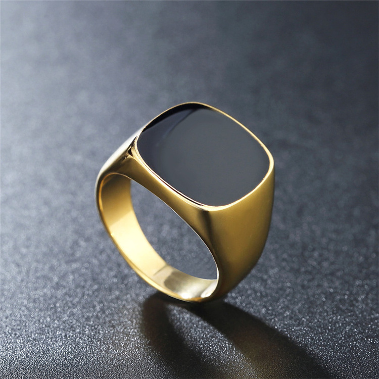 Anillo high quality fashion jewelry men black enamel finger ring custom gold plated stainless steel signet ring