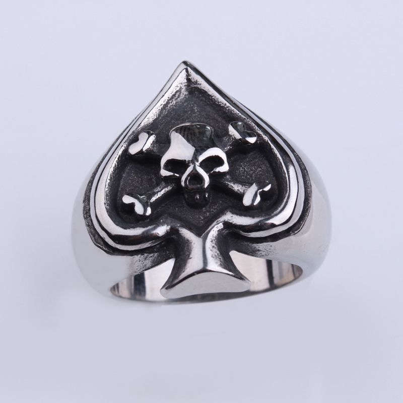 OEM ODM Available Unique 316l Steel Silver Spade Poker Ring with Skull Head