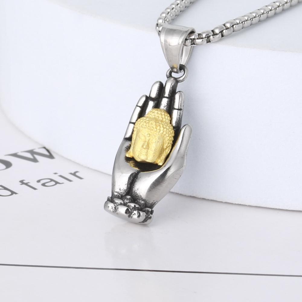 Wholesale Personality Buddhist Religious Jewelry 3D Design Stainless Steel Gold Plated Buddha Palm Charm Pendant Necklace