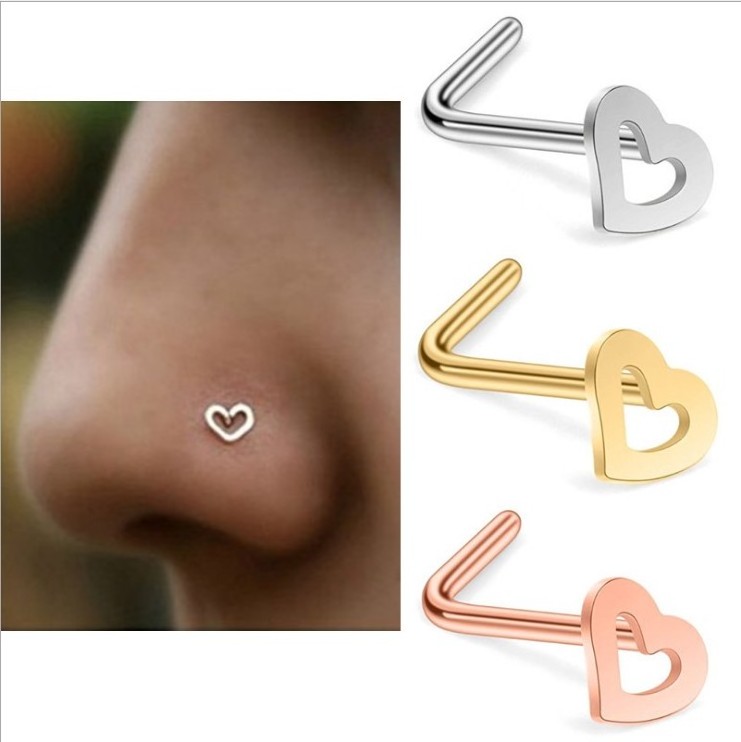 Free Sample Body Jewelry Wholesale Hollow Heart L Shape Nostril Nose Piercing Ring