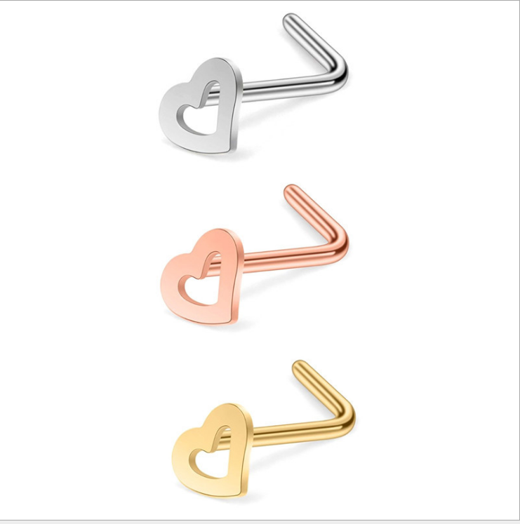 Free Sample Body Jewelry Wholesale Hollow Heart L Shape Nostril Nose Piercing Ring