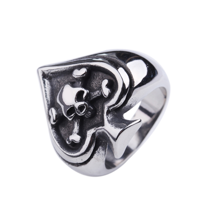 OEM ODM Available Unique 316l Steel Silver Spade Poker Ring with Skull Head