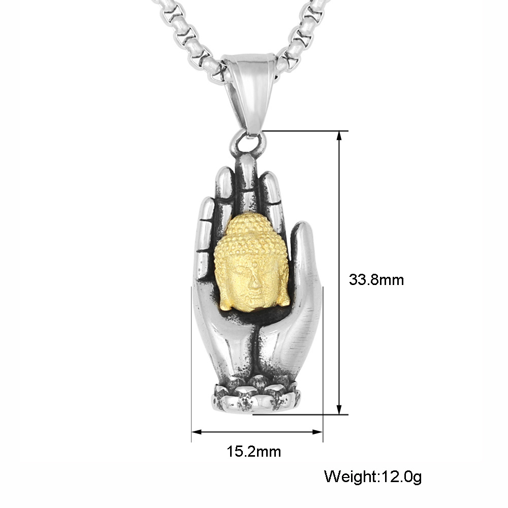 Wholesale Personality Buddhist Religious Jewelry 3D Design Stainless Steel Gold Plated Buddha Palm Charm Pendant Necklace