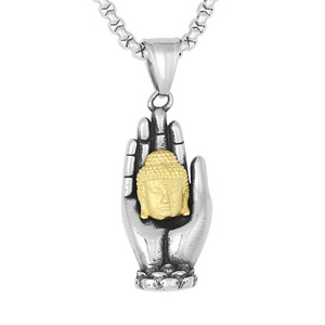 Wholesale Personality Buddhist Religious Jewelry 3D Design Stainless Steel Gold Plated Buddha Palm Charm Pendant Necklace