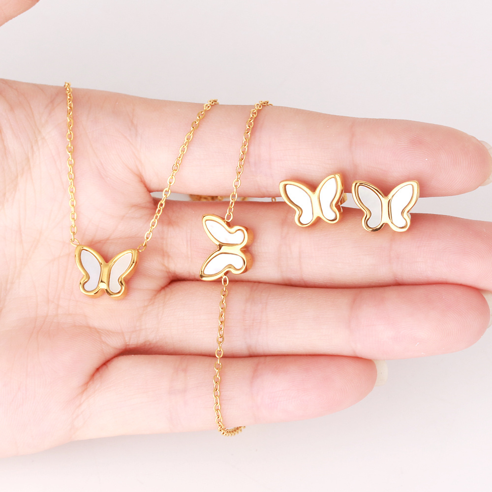 New Design Natural White Shell Butterfly Jewelry Set Stainless Steel Gold Plated Earrings Bracelet Necklace Set For Women