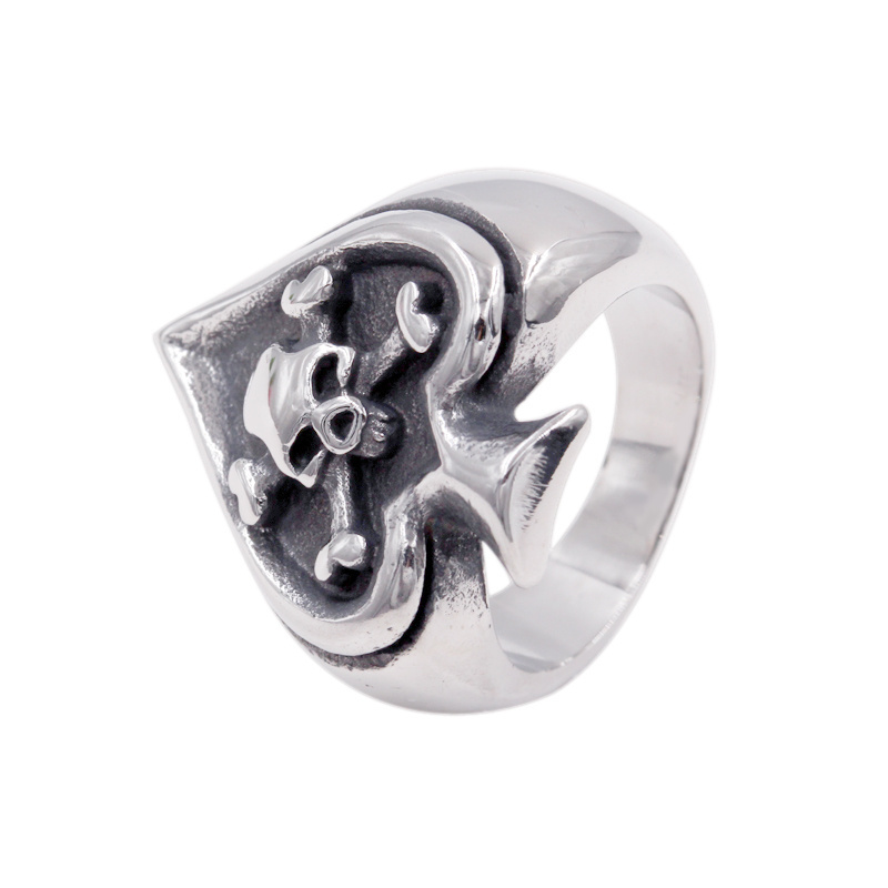 OEM ODM Available Unique 316l Steel Silver Spade Poker Ring with Skull Head