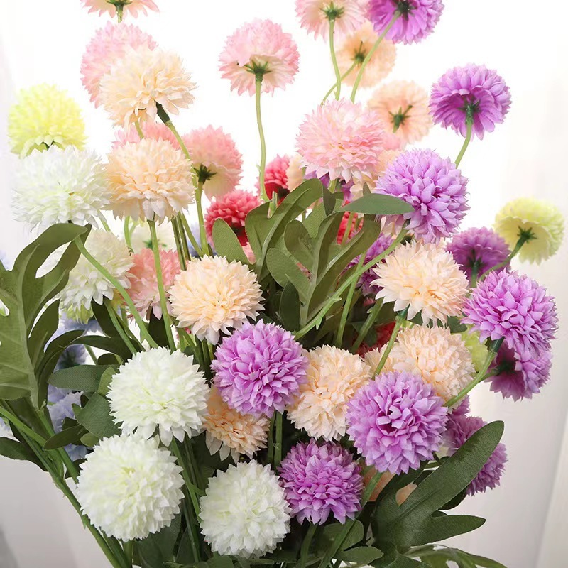 Artificial 5-head Pingpong Chrysanthemum Wedding Flower Arrangement Decoration Dandelion Home Decoration with Five Head Scallion