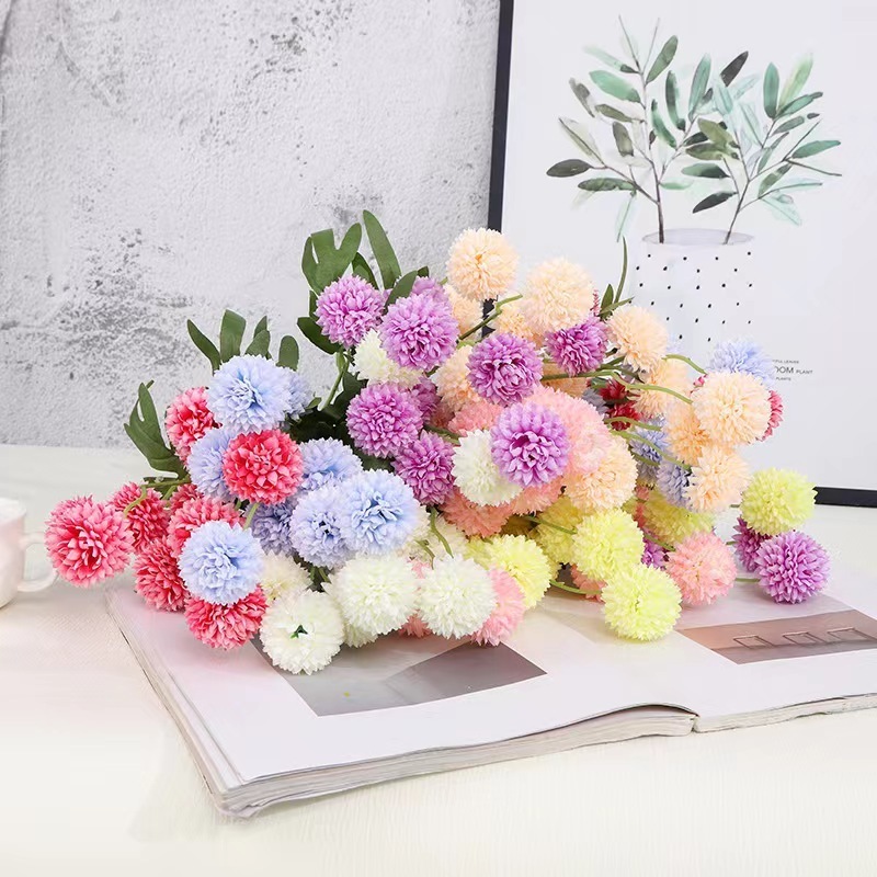 Artificial 5-head Pingpong Chrysanthemum Wedding Flower Arrangement Decoration Dandelion Home Decoration with Five Head Scallion