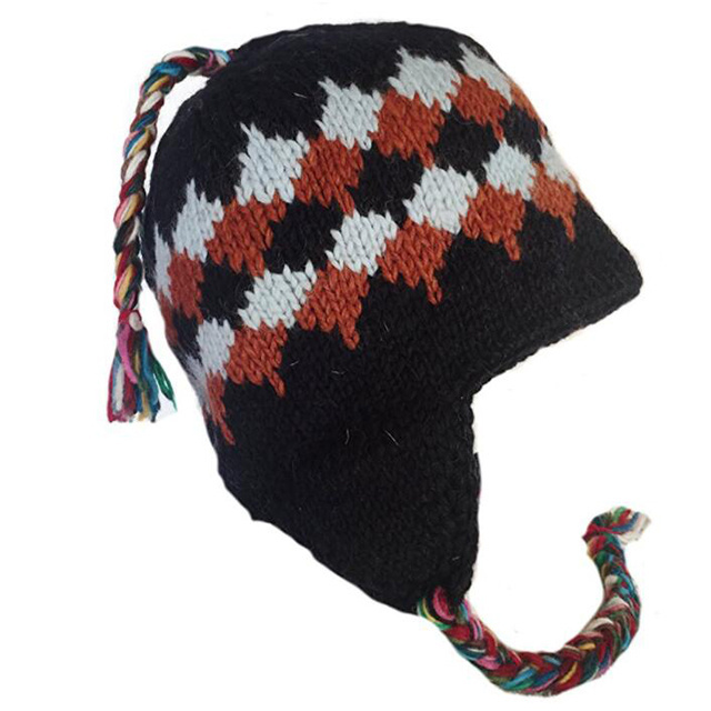 handmade knit Hat with Ear Flaps, pigtails,Trapper Ski Fleeced Lined Cap