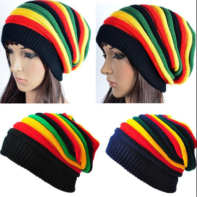 Beanie Knit Slouch Baggy Cap Men Women Stripe Jamaican Rasta Crochet Hat