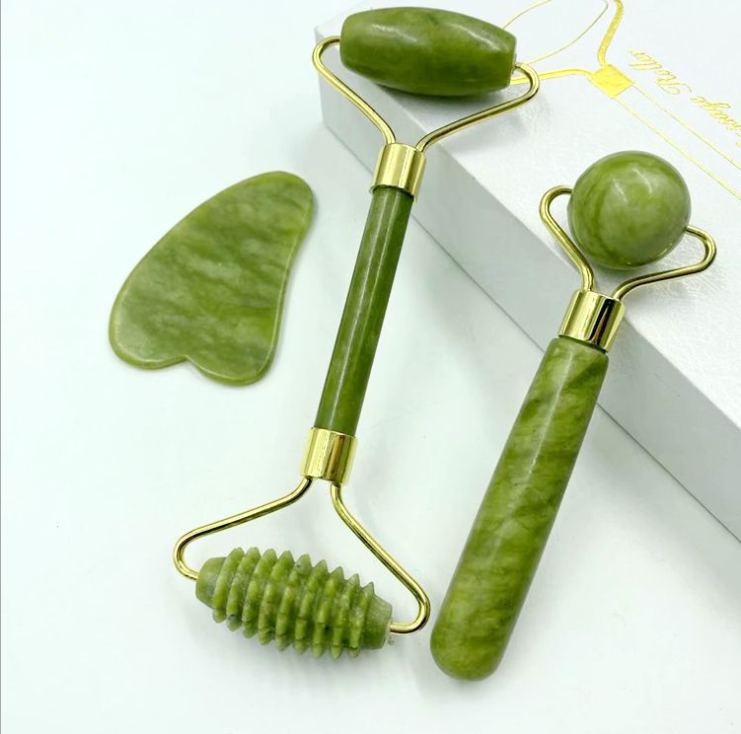 High quality green Face Massager skin care Anti aging Jade Roller Stone natural stone jade roller jade roller and gua sha