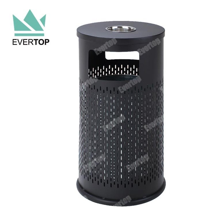 Black Slatted Metal Dust Bin Outdoor with Rain Hood Outdoor Trashbin Commercial Street Waste Trash Bin Outdoor