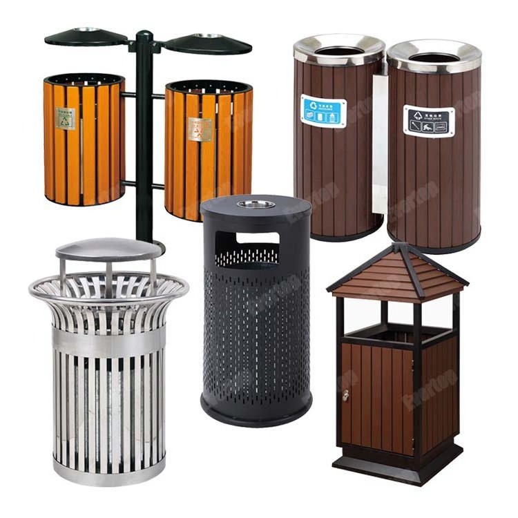 Black Slatted Metal Dust Bin Outdoor with Rain Hood Outdoor Trashbin Commercial Street Waste Trash Bin Outdoor