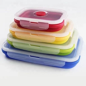 4PCS Silicone Collapsible Bento Folding Food Storage Container Leakproof Lunch Box Portable Outdoor Picnic Rectangle