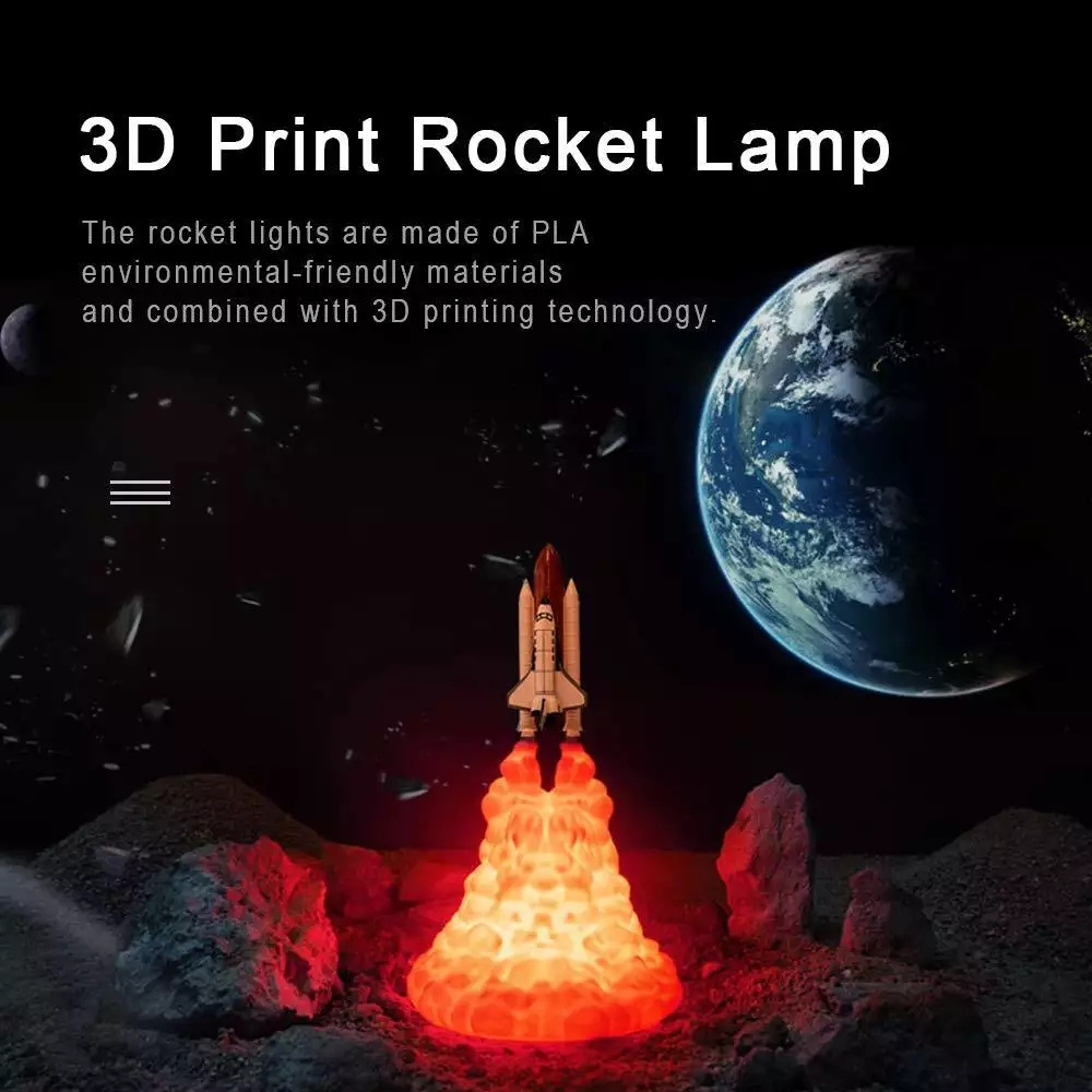 3D Print Rocket Lamp Space Shuttle Lamp Night Light with USB Rechargeable For Rocket Lovers