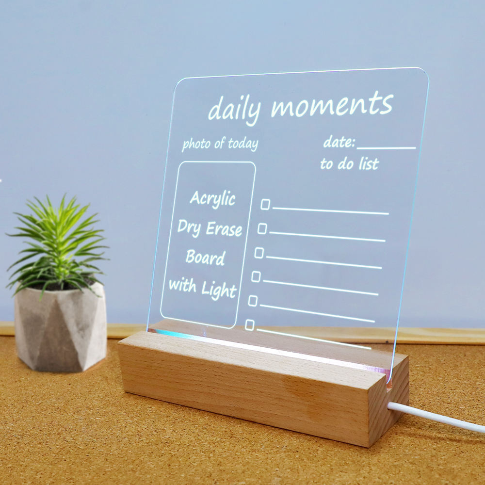 Hot Sale Blank Clear Desktop Note Memo Acrylic Dry Erase Colorful Led Light Up Board With Wooden Stand Acryl Message Board