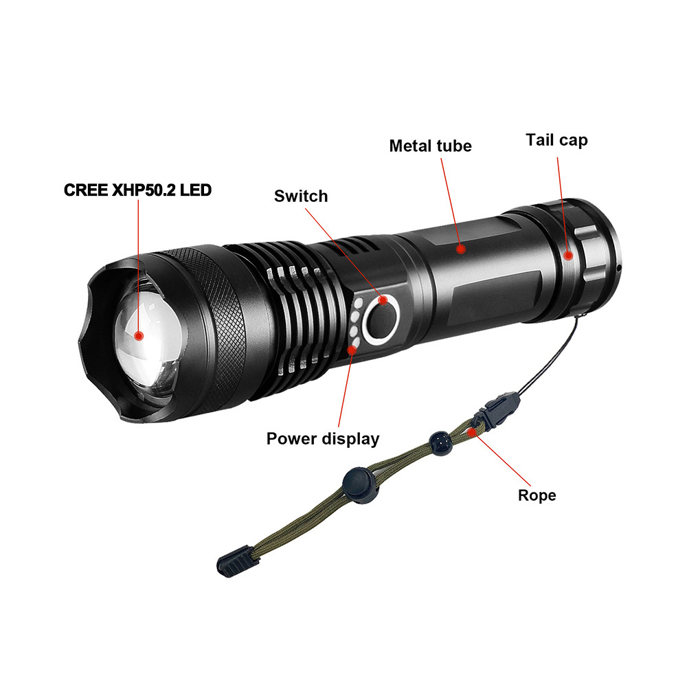 High Power USB Rechargeable Tactical Flashlight LED Torch Flashlight XHP50 1000 Lumen Outdoor Hunting Camping Zoom Waterproof 70