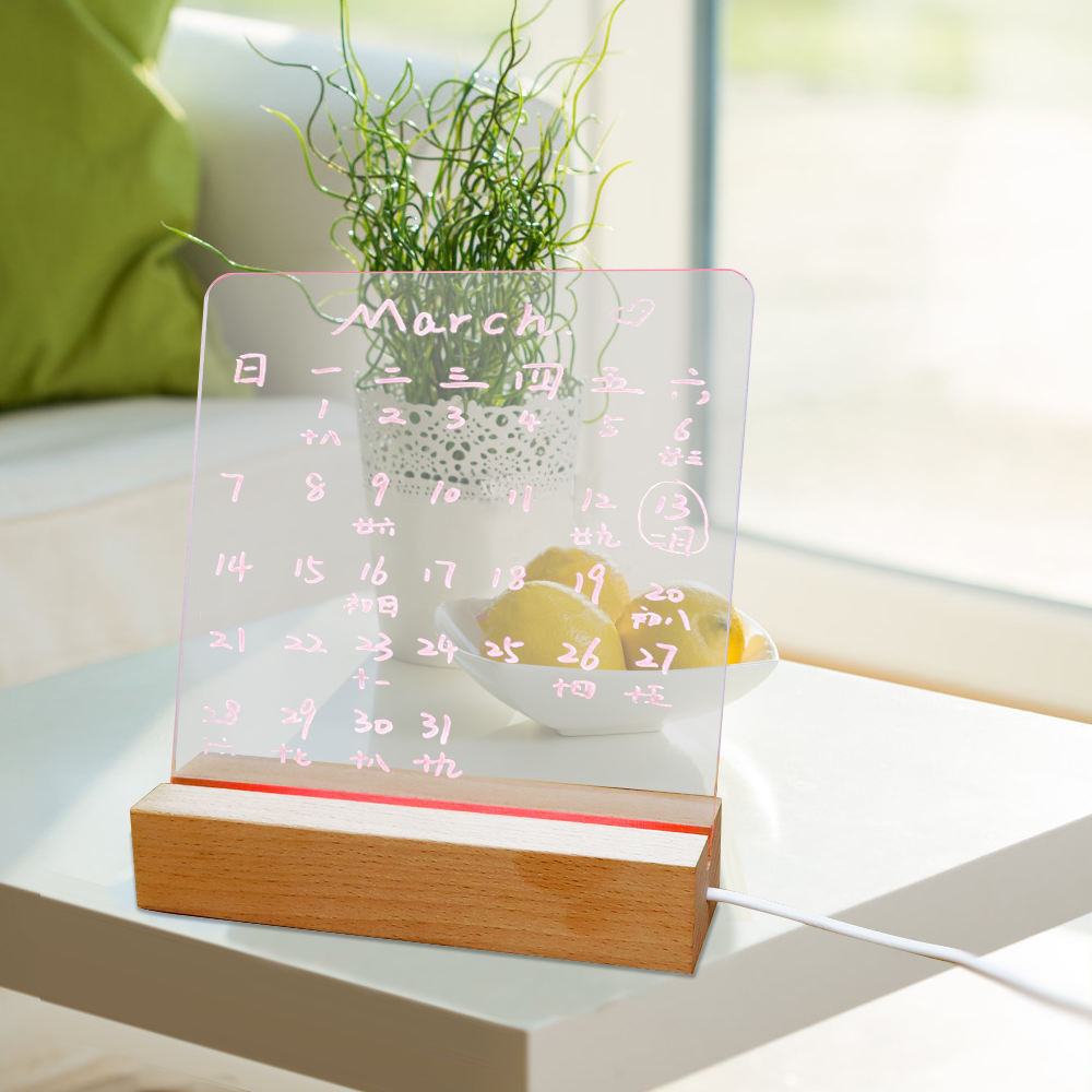 Hot Sale Blank Clear Desktop Note Memo Acrylic Dry Erase Colorful Led Light Up Board With Wooden Stand Acryl Message Board