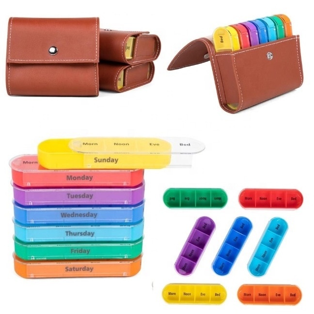 black brown pu leather bag 28 compartments pill box 7 day weekly medication wallet travel pill organizer am pm night custom logo