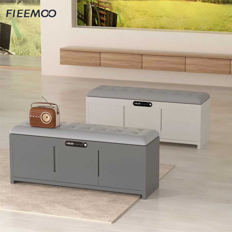 FIEEMOO OEM/ODM soft shoe bench wooden + tissue pu shoes organizers storage With seat cushion Shoe care sterilize