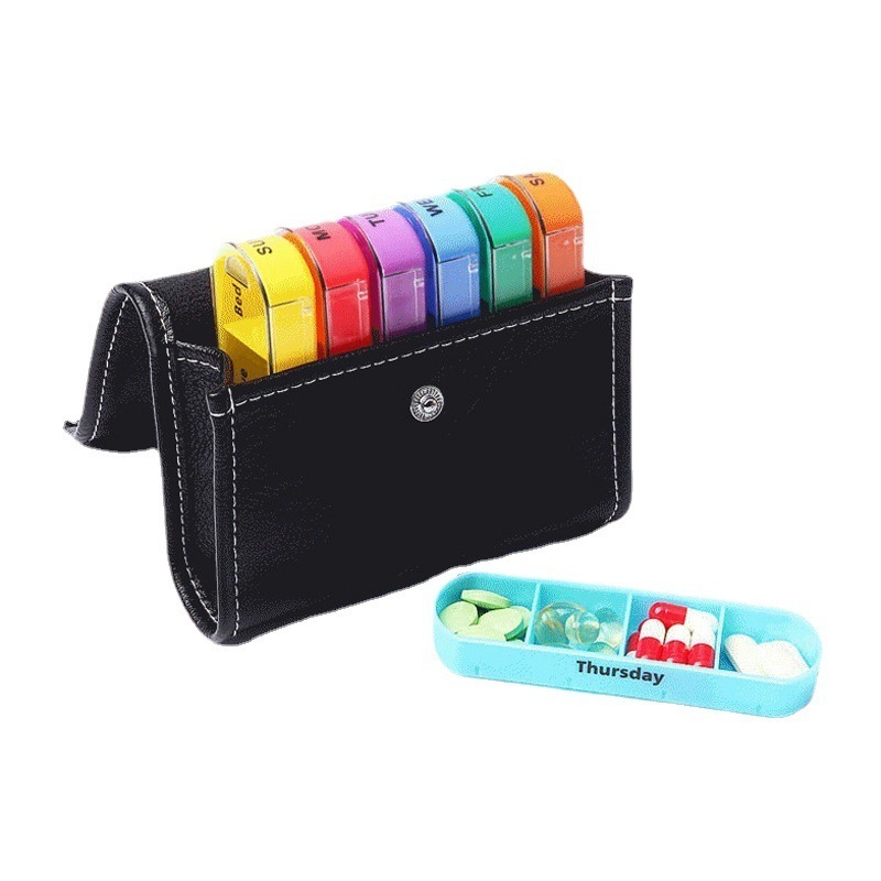 Portable Leather Bag 28 Grid Pill Box Wallet 7 Days Pill Organizer Dispenser Weekly Arc 7 Compartments Plastic Pill Case