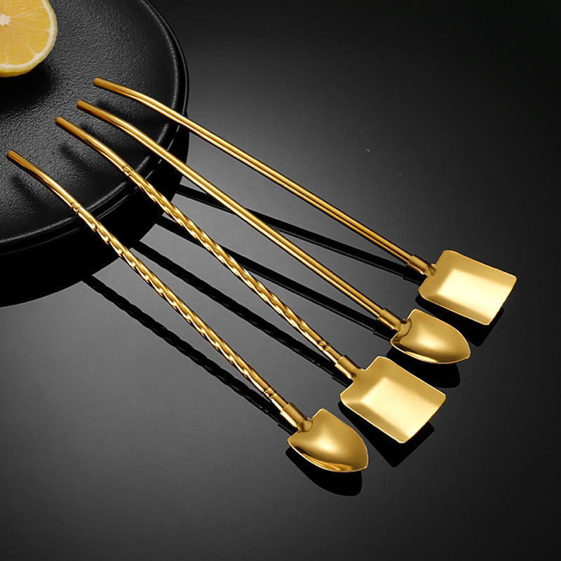 New 304 Stainless Steel Golden Coffee Shovel Spoon Cupping Set Long Handle Gold Tea Ice Cream Stirring Straw With Cleaning Brush