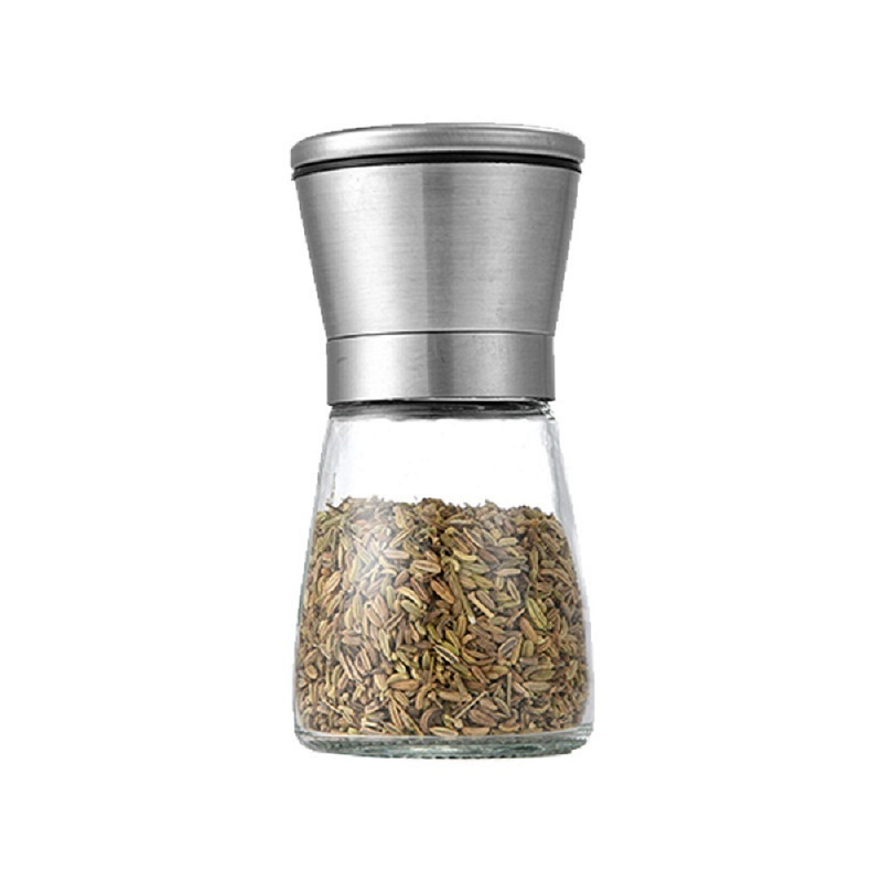 Adjustable Glass Mini Kitchen Spice Salt And Pepper Bottle Herb Jar Mill Grinder With Stainless Steel Plastic Black Lid Custom