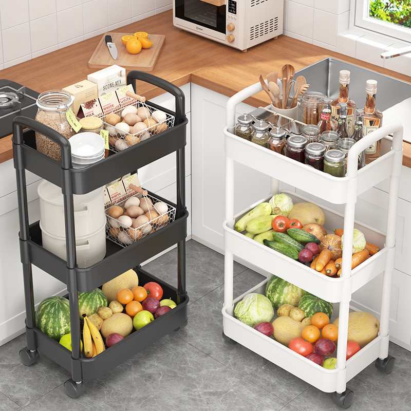 Wholesale Multifunctional Plastic Storage Trolley Cart Rolling Food Service Stand Basket With Wheel Handle 3 Tiers For Kitchen