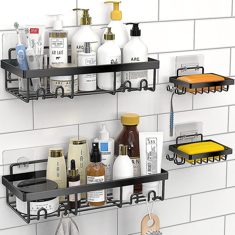 New Wall Mounted Shower Caddy Bathroom Organizer Toilet Shelves Rack Accessories Set Black Self Adhesive Towel Shelf For Storage