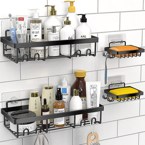 New Wall Mounted Shower Caddy Bathroom Organizer Toilet Shelves Rack Accessories Set Black Self Adhesive Towel Shelf For Storage