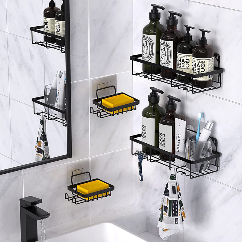 New Wall Mounted Shower Caddy Bathroom Organizer Toilet Shelves Rack Accessories Set Black Self Adhesive Towel Shelf For Storage