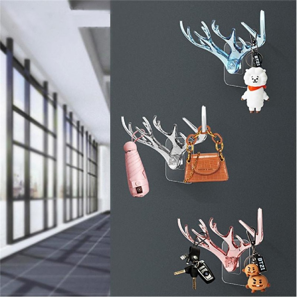 Antler Shaped Towel Key Necklace Hanger Rag Brush Storage Rack Holders Hook Plastic Wall Hooks with Self Adhesive Sticker