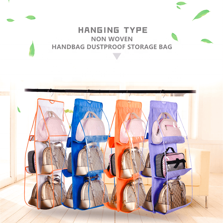 6-Pocket Hanging Handbag Organizer for Wardrobe Closet Transparent Storage Bag Double-sided Handbag storage organizer