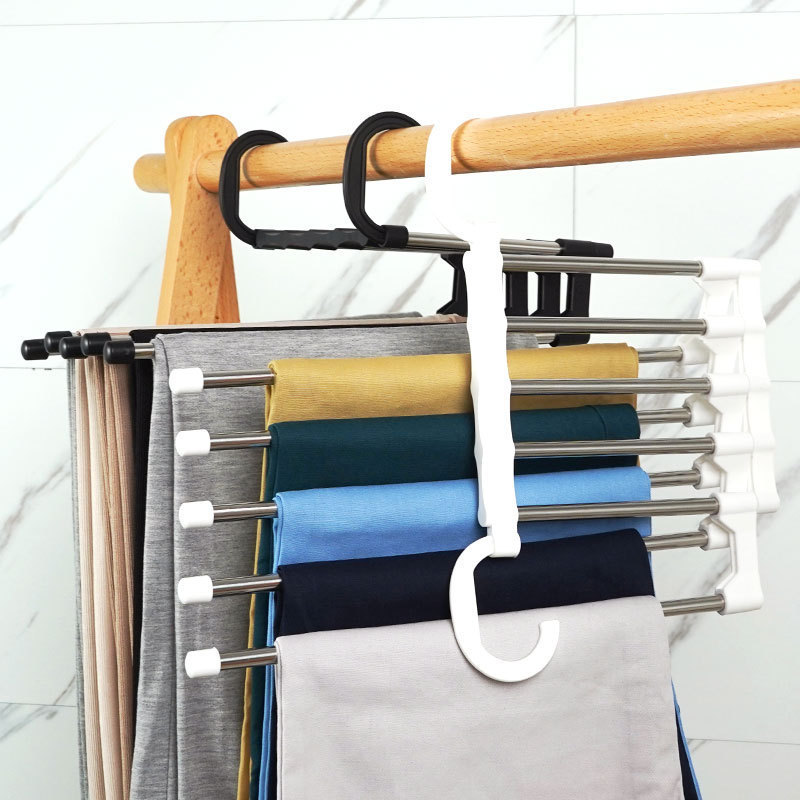 Foldable Stainless Steel 5 in 1 Pant Rack Shelves Clothes Hangers Multi-functional Magic Pants Hangers for Wardrobe